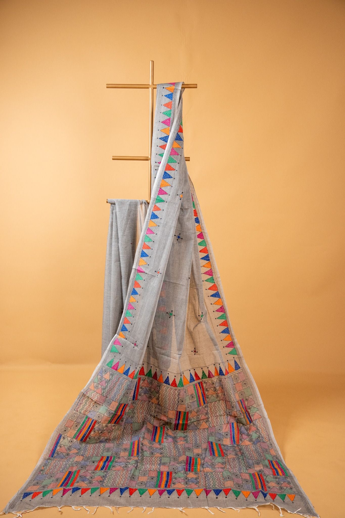 Multicoloured Pure Kantha Cotton Saree with Hand Embroidery