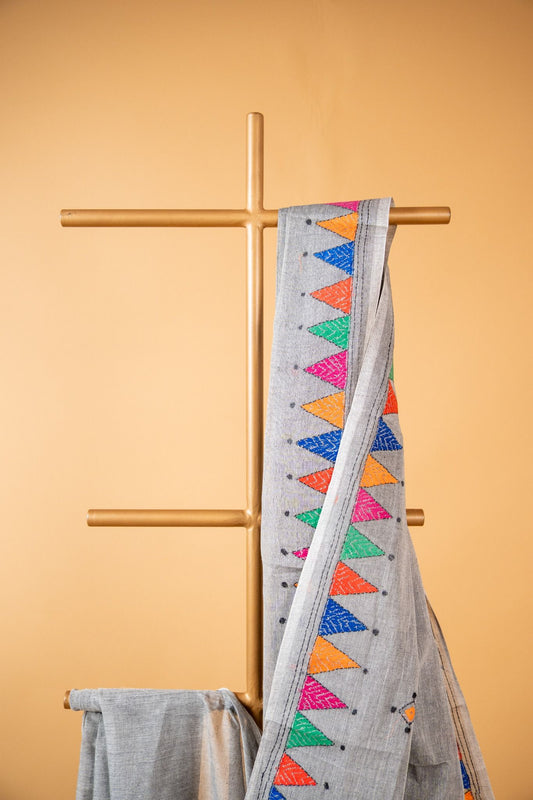 Multicoloured Pure Kantha Cotton Saree with Hand Embroidery - Atulyakarigari