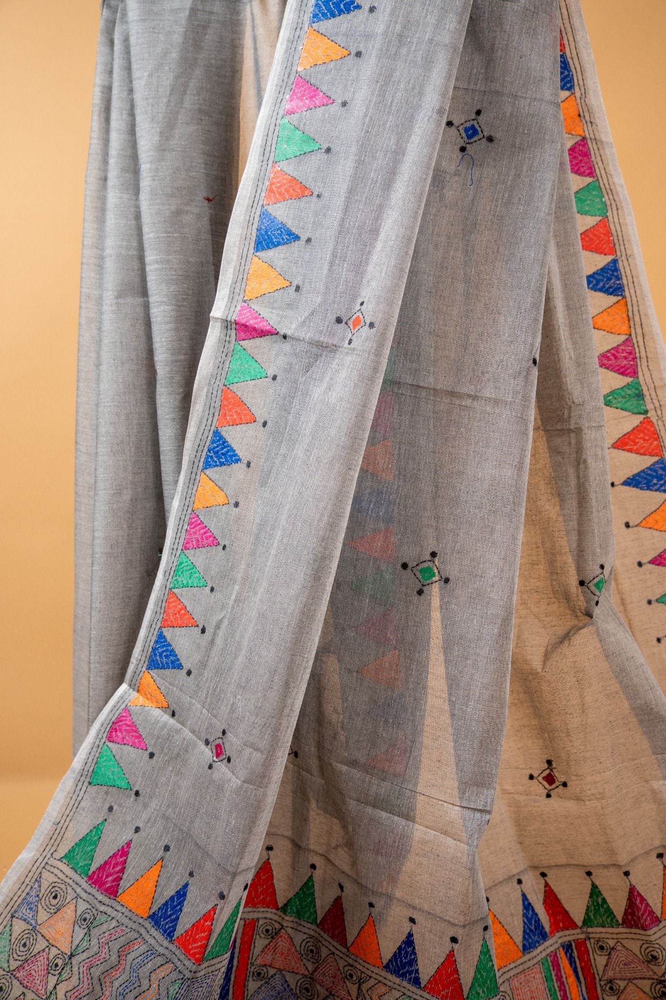 Multicoloured Pure Kantha Cotton Saree with Hand Embroidery
