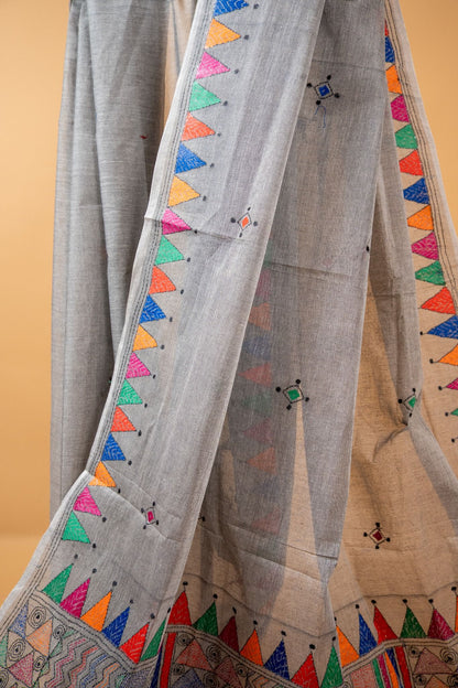 Multicoloured Pure Kantha Cotton Saree with Hand Embroidery