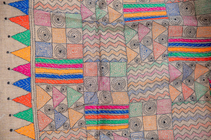 Multicoloured Pure Kantha Cotton Saree with Hand Embroidery
