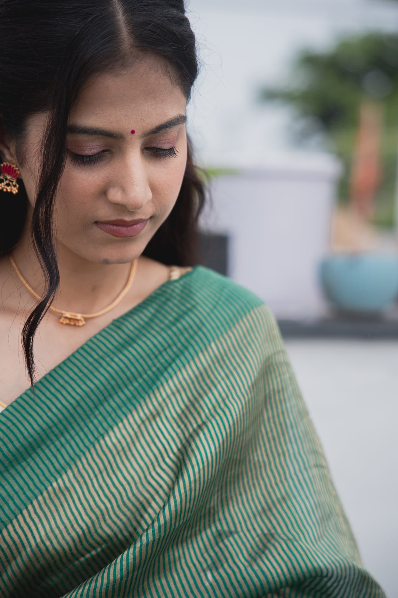Emerald Green Tissue Silk Saree with Golden Zari | Atulya Karigari