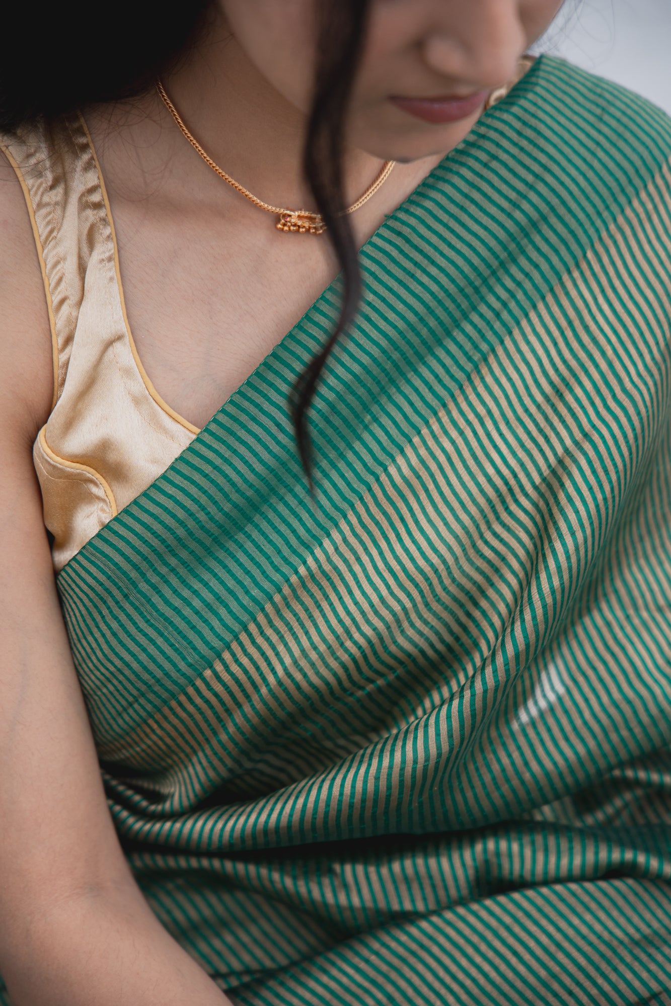 Emerald Green Tissue Silk Saree with Golden Zari | Atulya Karigari