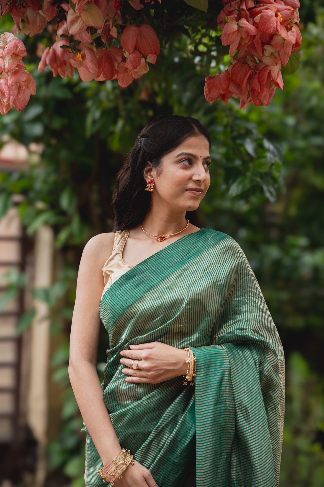 Emerald Green Tissue Silk Saree with Golden Zari | Atulya Karigari