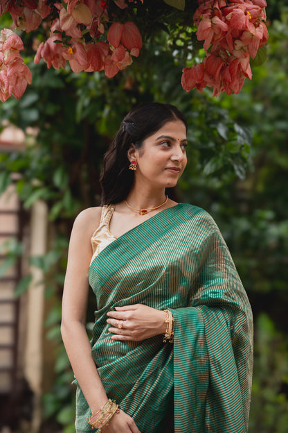 Emerald Green Tissue Silk Saree with Golden Zari | Atulya Karigari