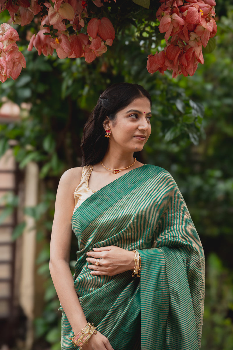 Emerald Green Tissue Silk Saree with Golden Zari | Atulya Karigari