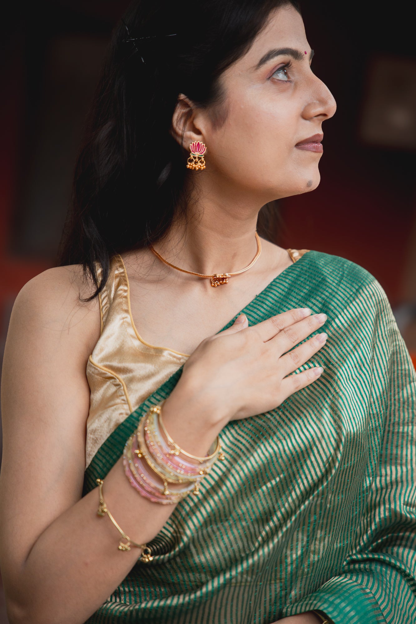 Emerald Green Tissue Silk Saree with Golden Zari | Atulya Karigari