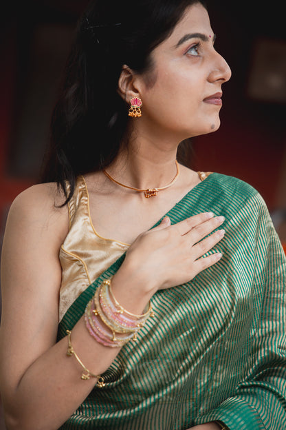 Emerald Green Tissue Silk Saree with Golden Zari | Atulya Karigari