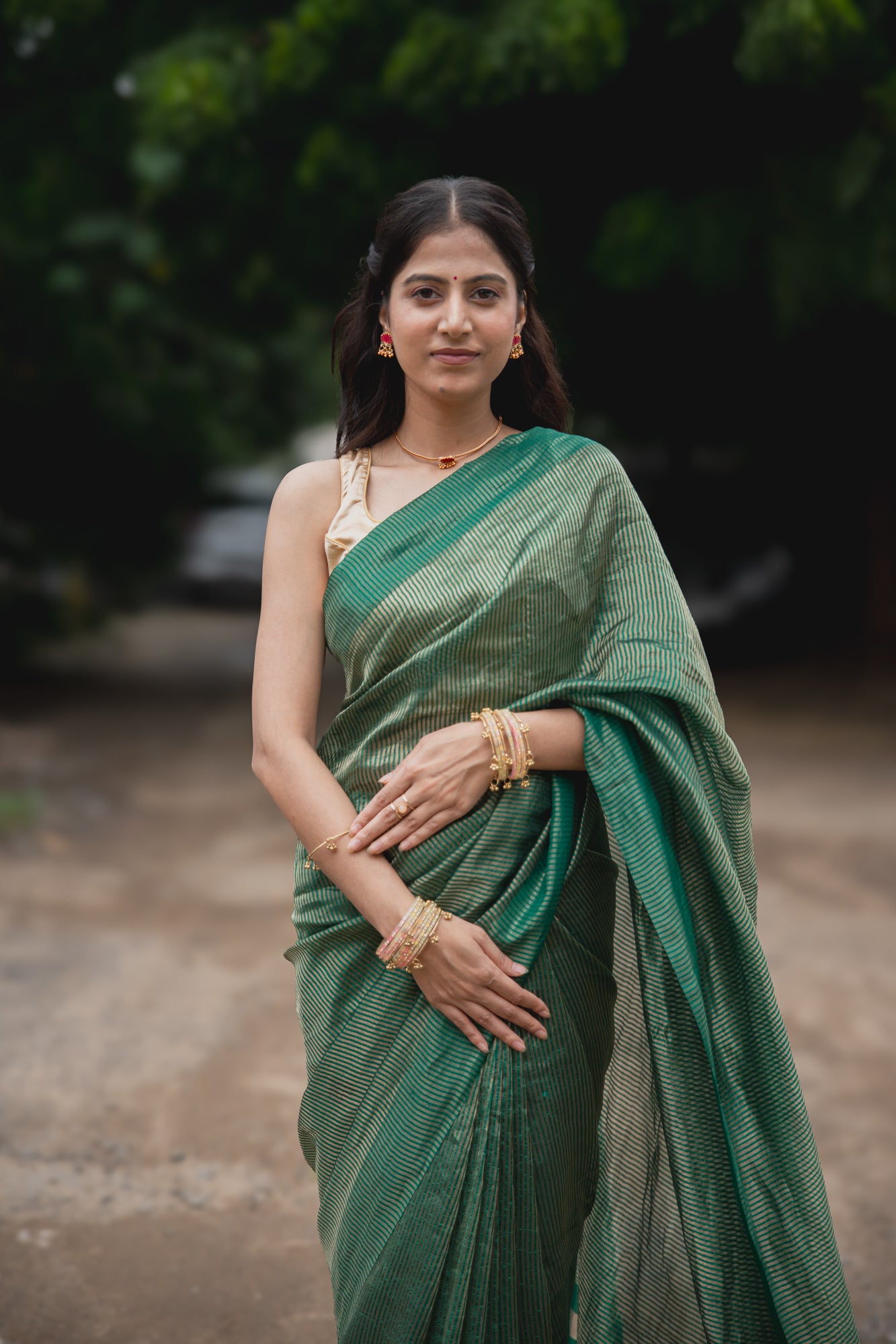 Emerald Green Tissue Silk Saree with Golden Zari | Atulya Karigari