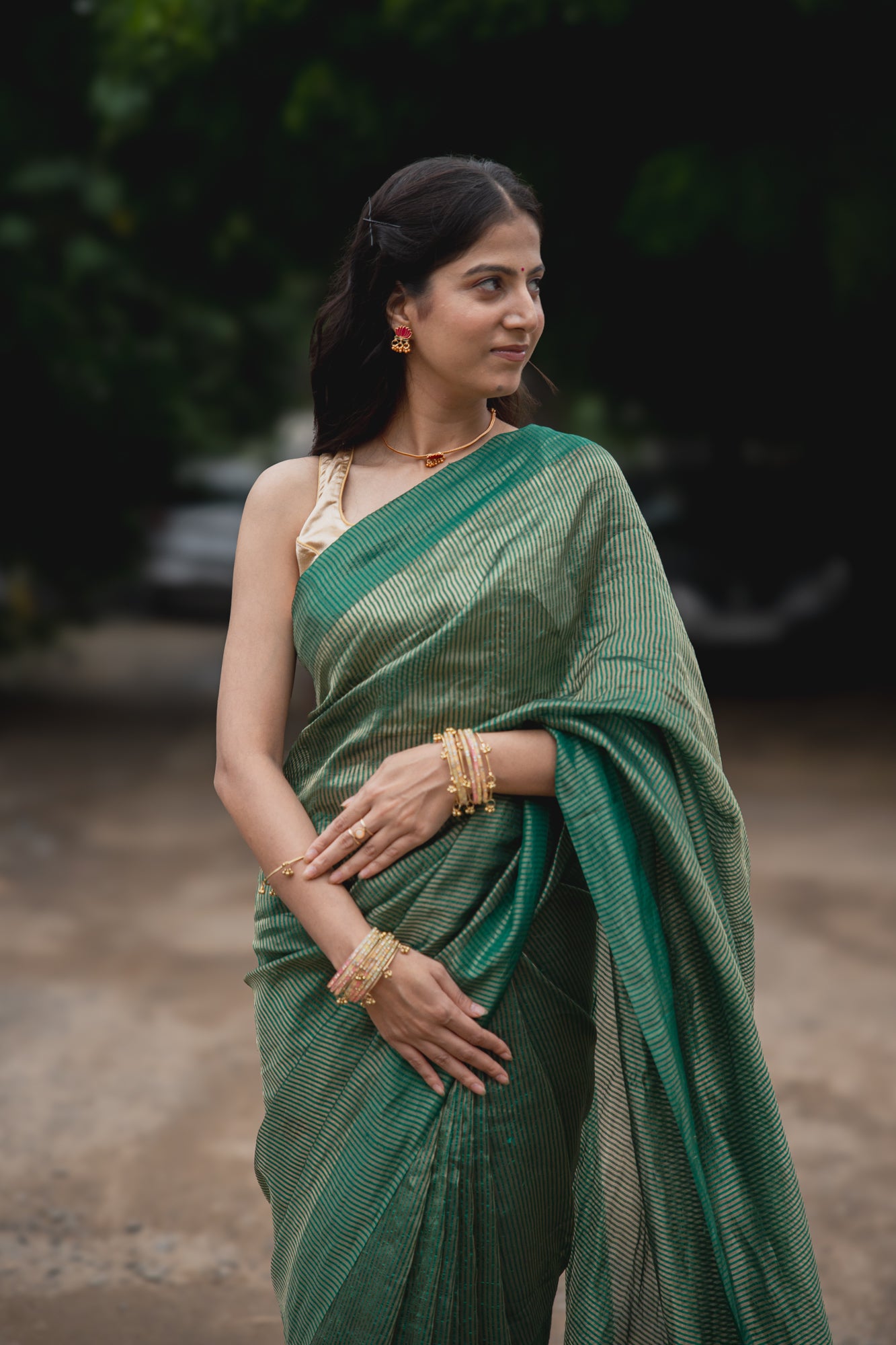 Emerald Green Tissue Silk Saree with Golden Zari | Atulya Karigari