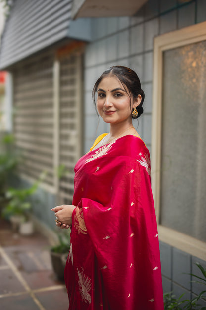Rani Pink Banarasi Silk Saree with Parrot Motifs | Atulya Karigari