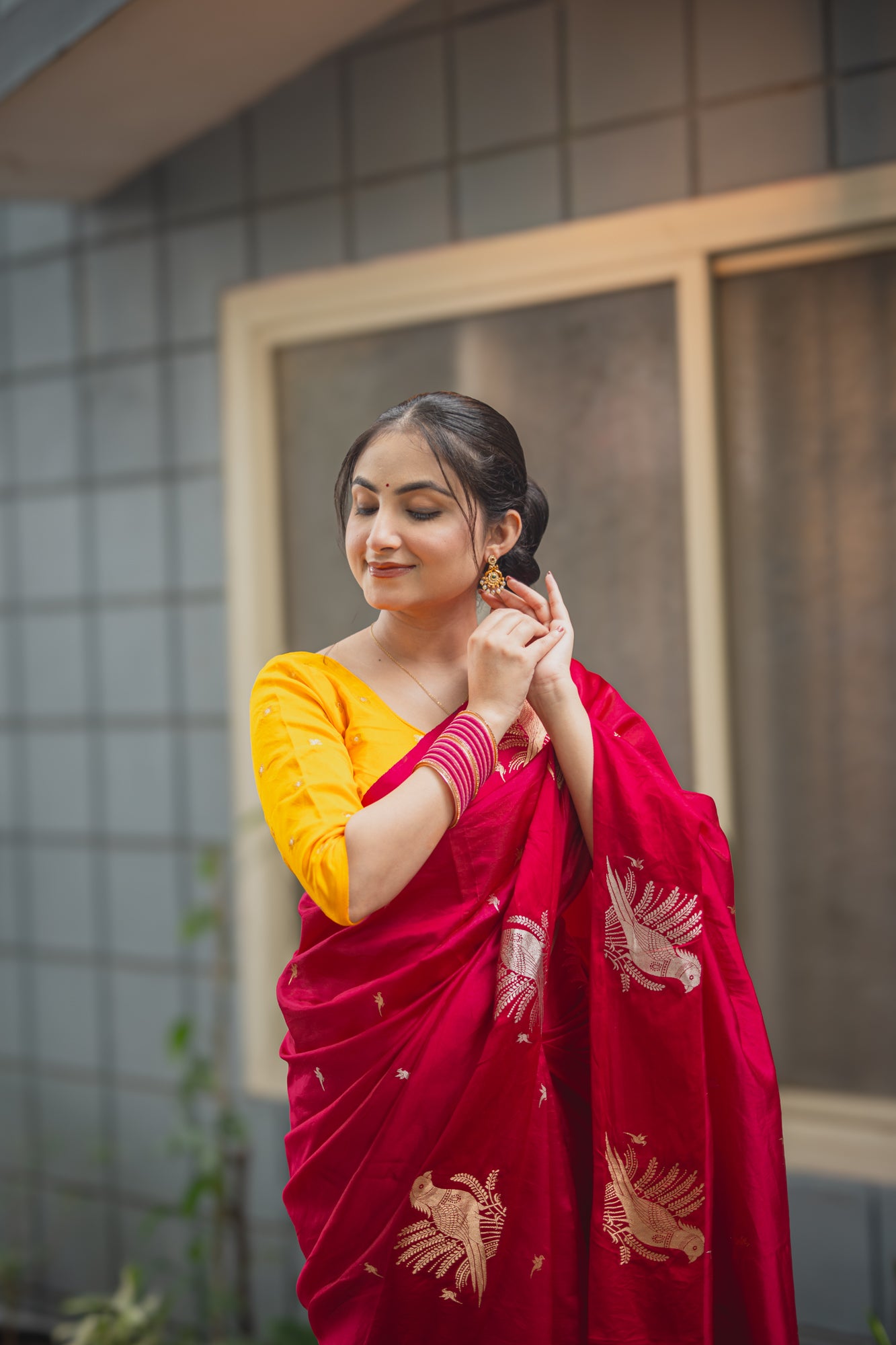 Rani Pink Banarasi Silk Saree with Parrot Motifs | Atulya Karigari