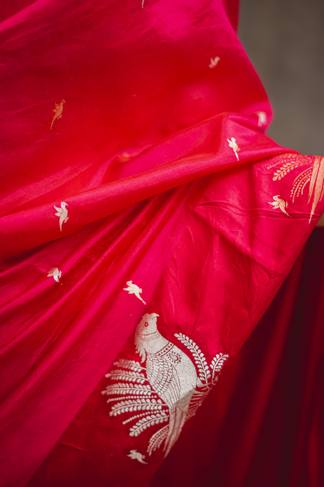 Rani Pink Banarasi Silk Saree with Parrot Motifs | Atulya Karigari