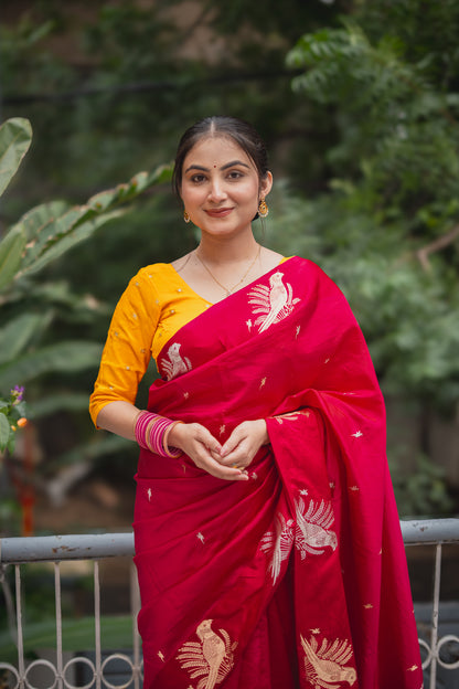 Rani Pink Banarasi Silk Saree with Parrot Motifs | Atulya Karigari