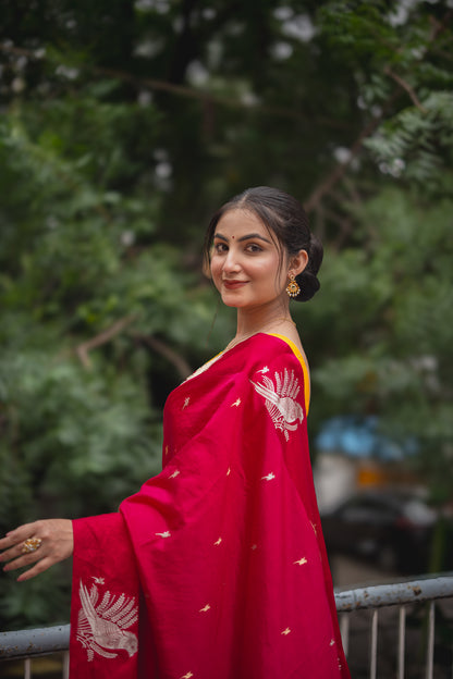Rani Pink Banarasi Silk Saree with Parrot Motifs | Atulya Karigari