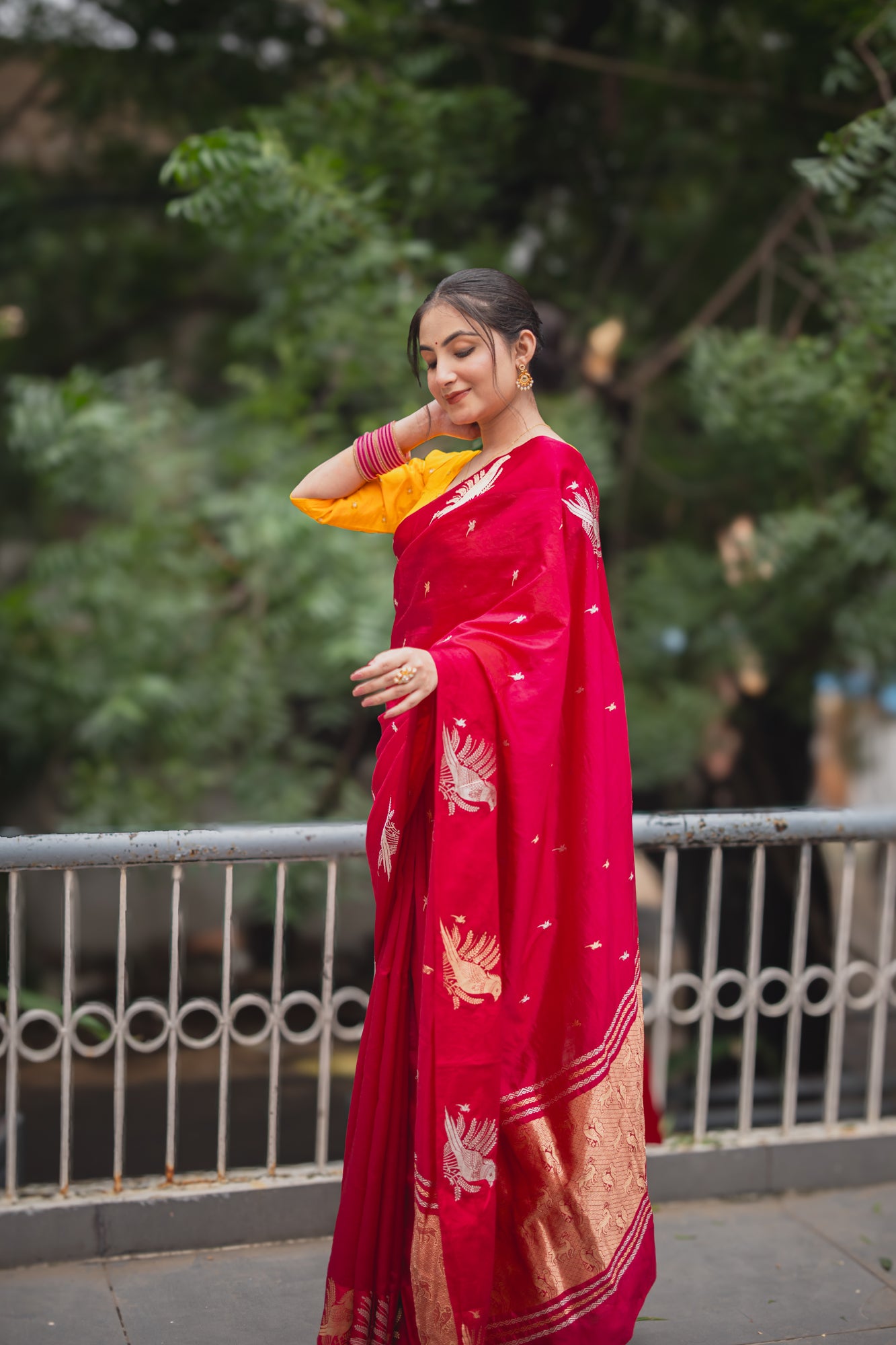 Rani Pink Banarasi Silk Saree with Parrot Motifs | Atulya Karigari