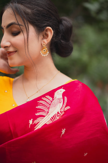 Rani Pink Banarasi Silk Saree with Parrot Motifs | Atulya Karigari