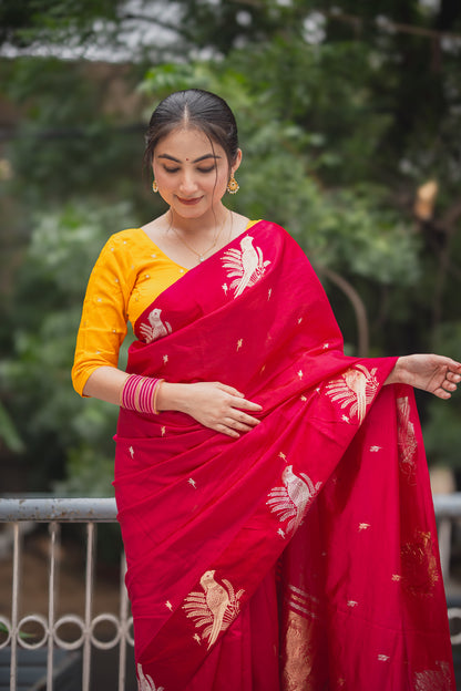 Rani Pink Banarasi Silk Saree with Parrot Motifs | Atulya Karigari