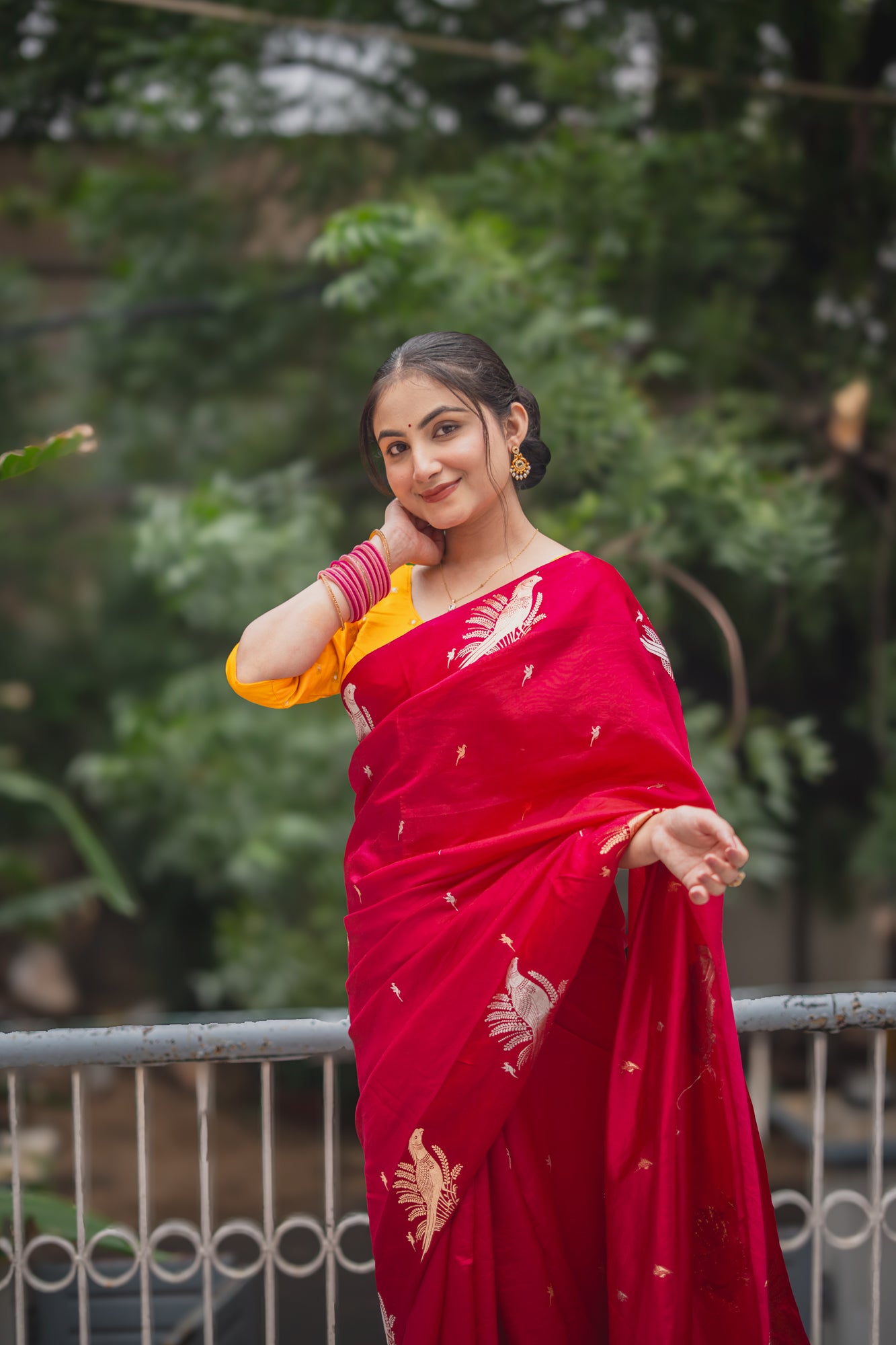 Rani Pink Banarasi Silk Saree with Parrot Motifs | Atulya Karigari