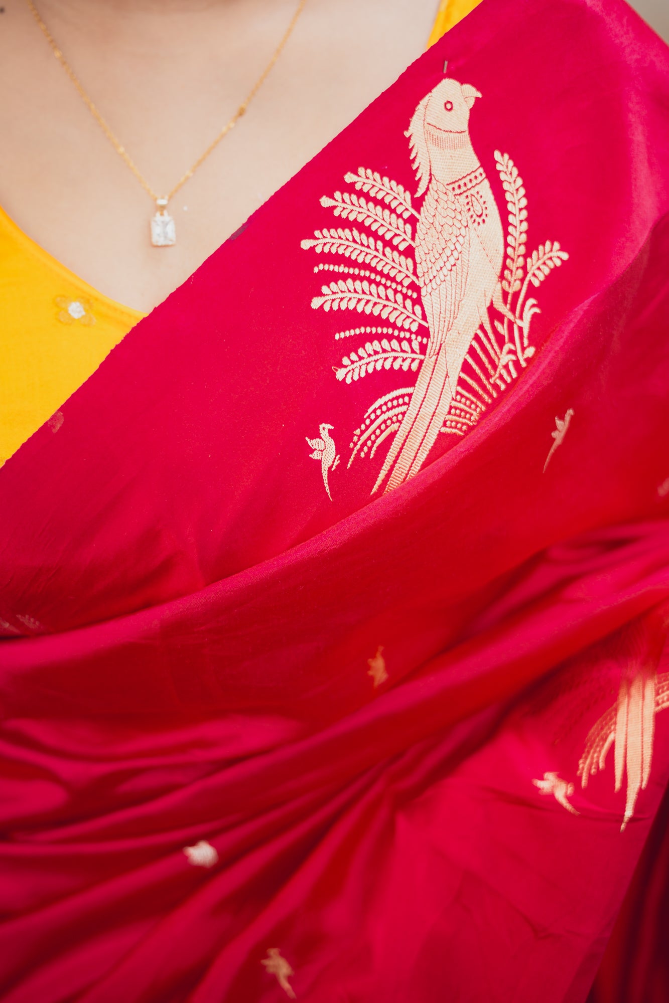 Rani Pink Banarasi Silk Saree with Parrot Motifs | Atulya Karigari