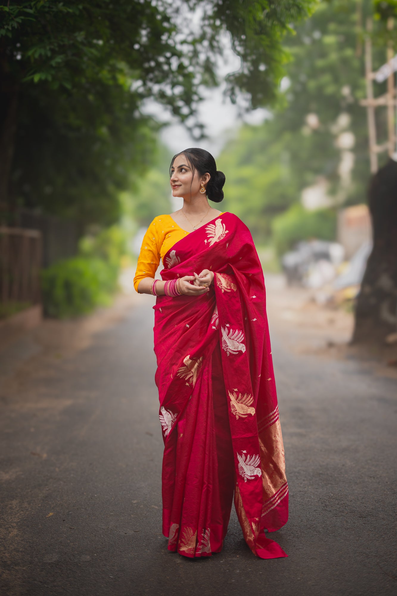 Rani Pink Banarasi Silk Saree with Parrot Motifs | Atulya Karigari