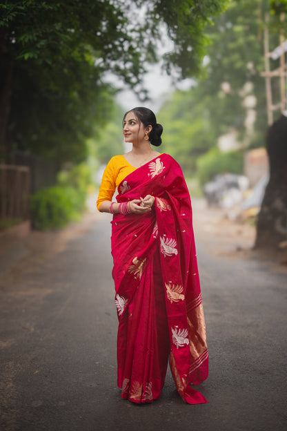 Rani Pink Banarasi Silk Saree with Parrot Motifs | Atulya Karigari