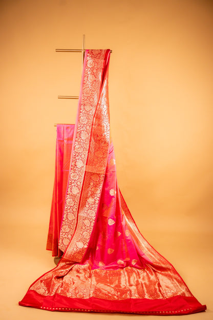 Pink Pure Katan Silk Banarasi Saree with Betel Leaf Motifs & Intricate Zari Border - Atulyakarigari