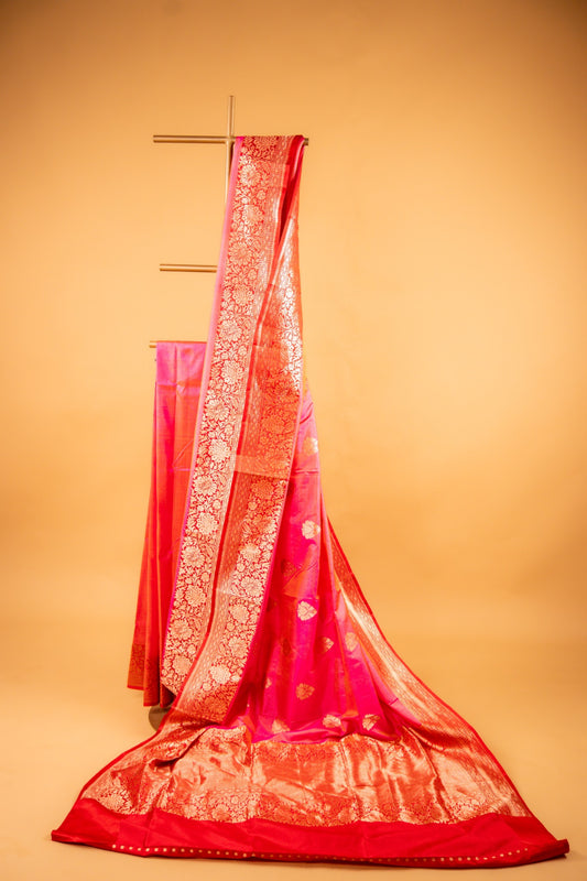 Pink Pure Katan Silk Banarasi Saree with Betel Leaf Motifs & Intricate Zari Border - Atulyakarigari