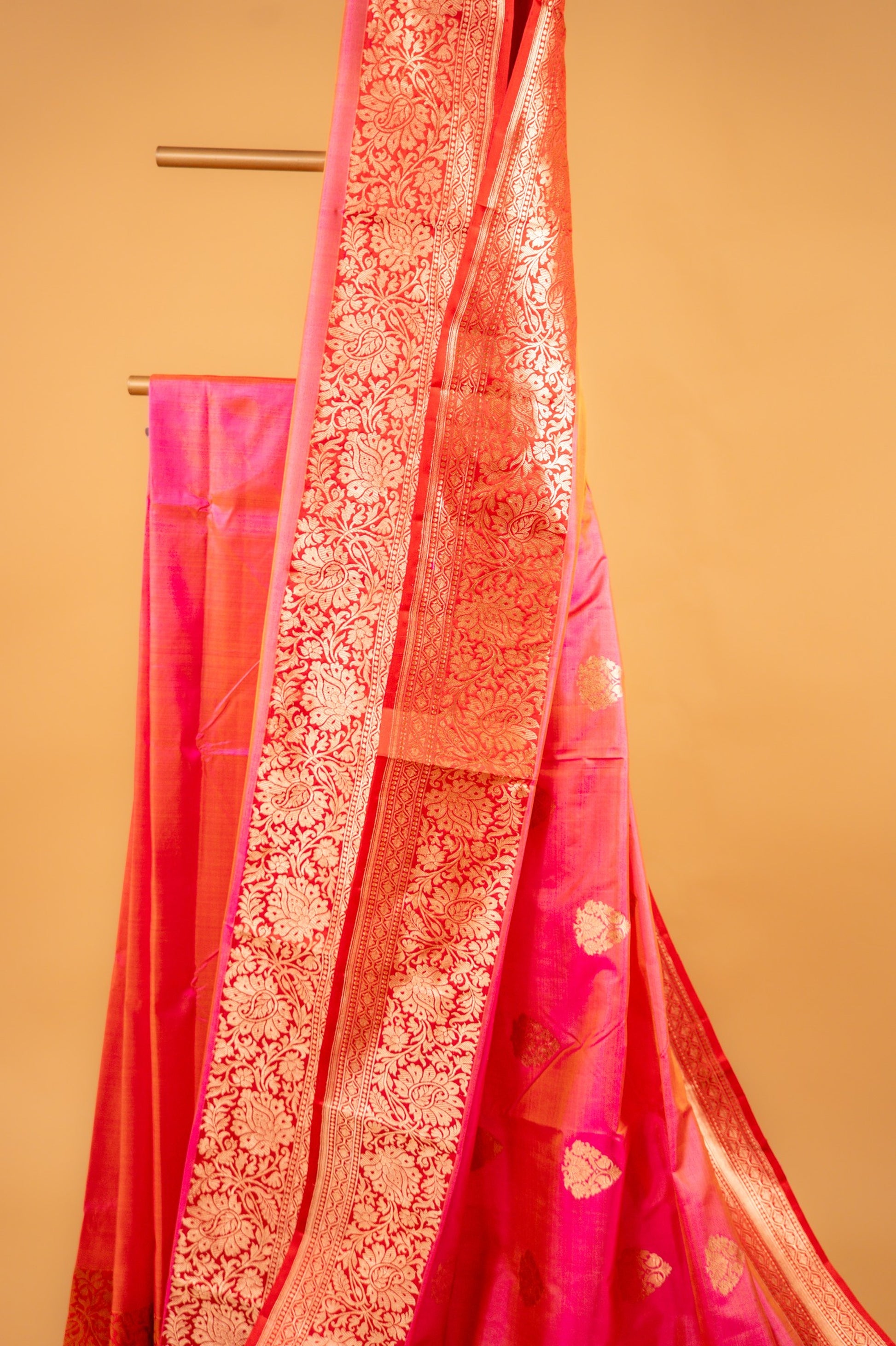 Pink Pure Katan Silk Banarasi Saree with Betel Leaf Motifs & Intricate Zari Border - Atulyakarigari