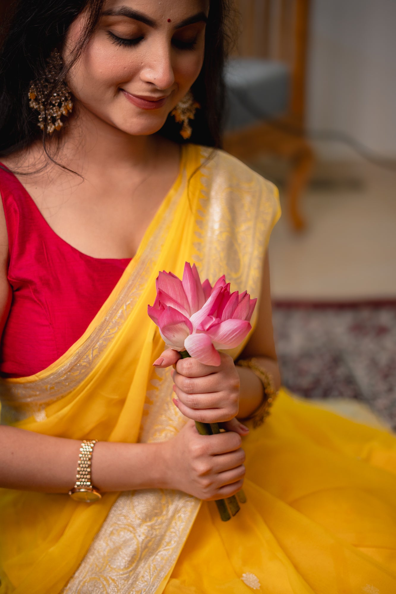 Yellow Chiffon Saree with Silver Zari | Atulya Karigari