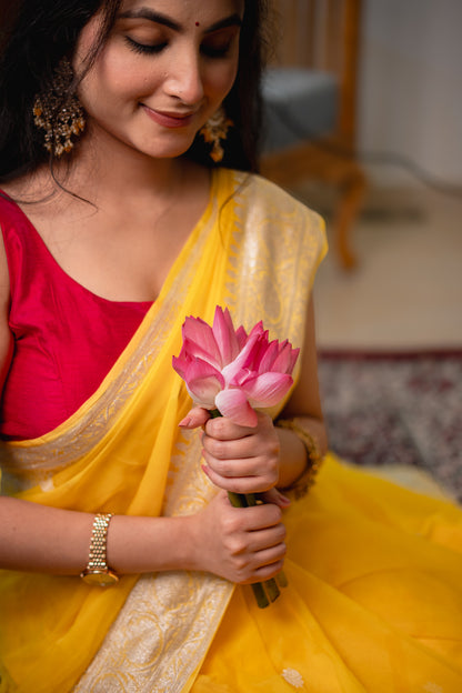 Yellow Chiffon Saree with Silver Zari | Atulya Karigari