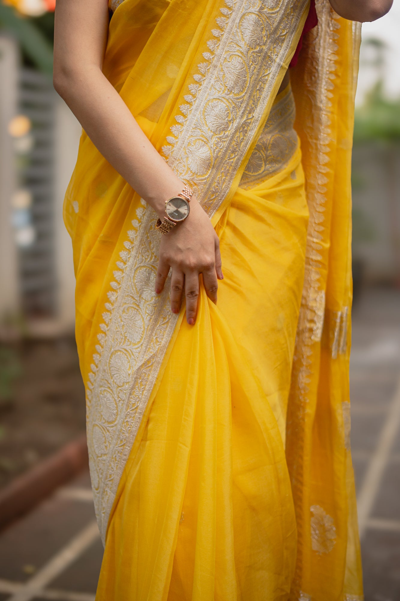 Yellow Chiffon Saree with Silver Zari | Atulya Karigari