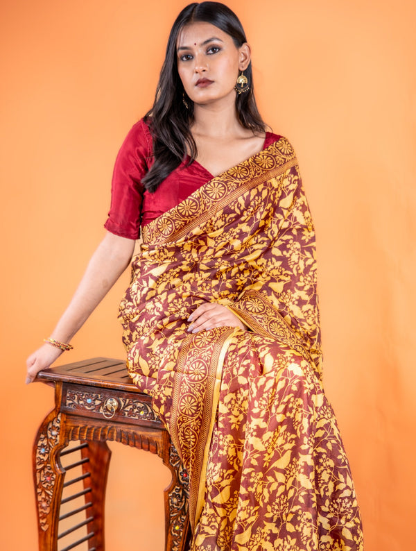 Brown & Yellow Handwoven Pure Matka Silk Saree with Hand Block Print