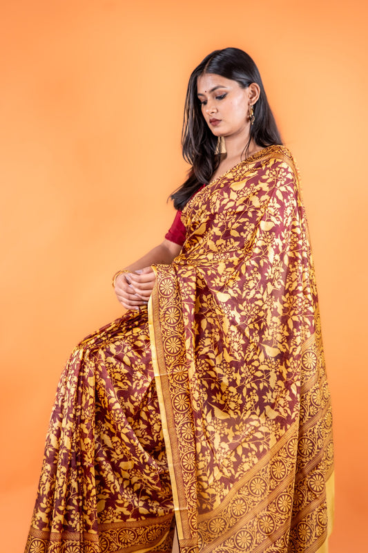 Brown & Yellow Handwoven Pure Matka Silk Saree with Hand Block Print - Atulyakarigari