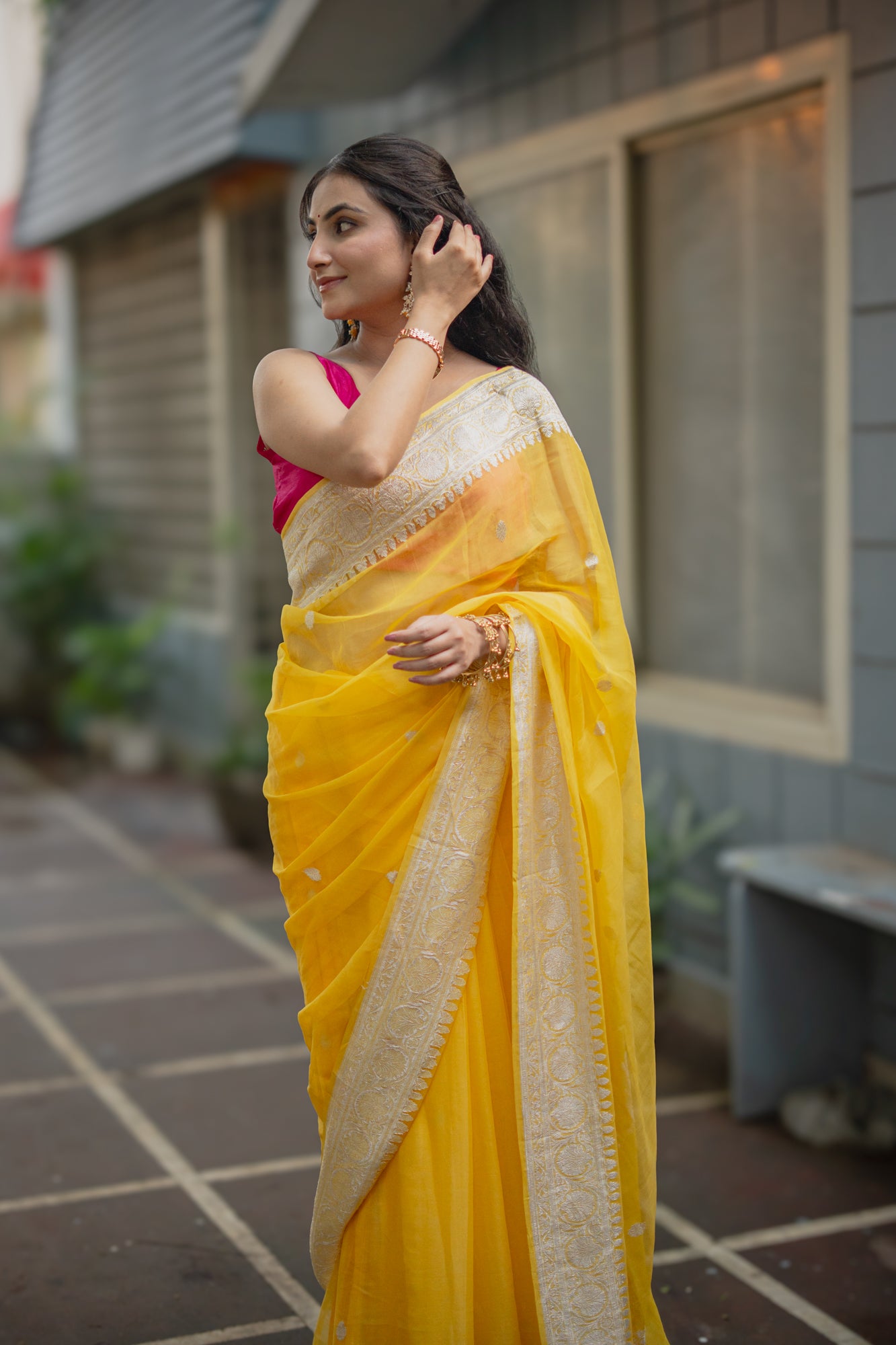 Yellow Chiffon Saree with Silver Zari | Atulya Karigari