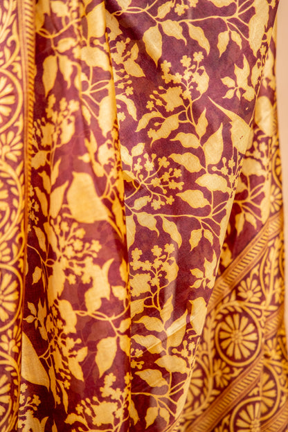 Brown & Yellow Handwoven Pure Matka Silk Saree with Hand Block Print - Atulyakarigari
