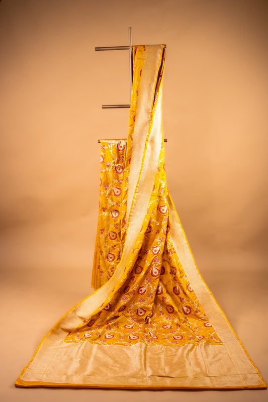 Mustard Yellow Katan Silk Banarasi Saree with Floral Buta & Zari Border - Atulyakarigari