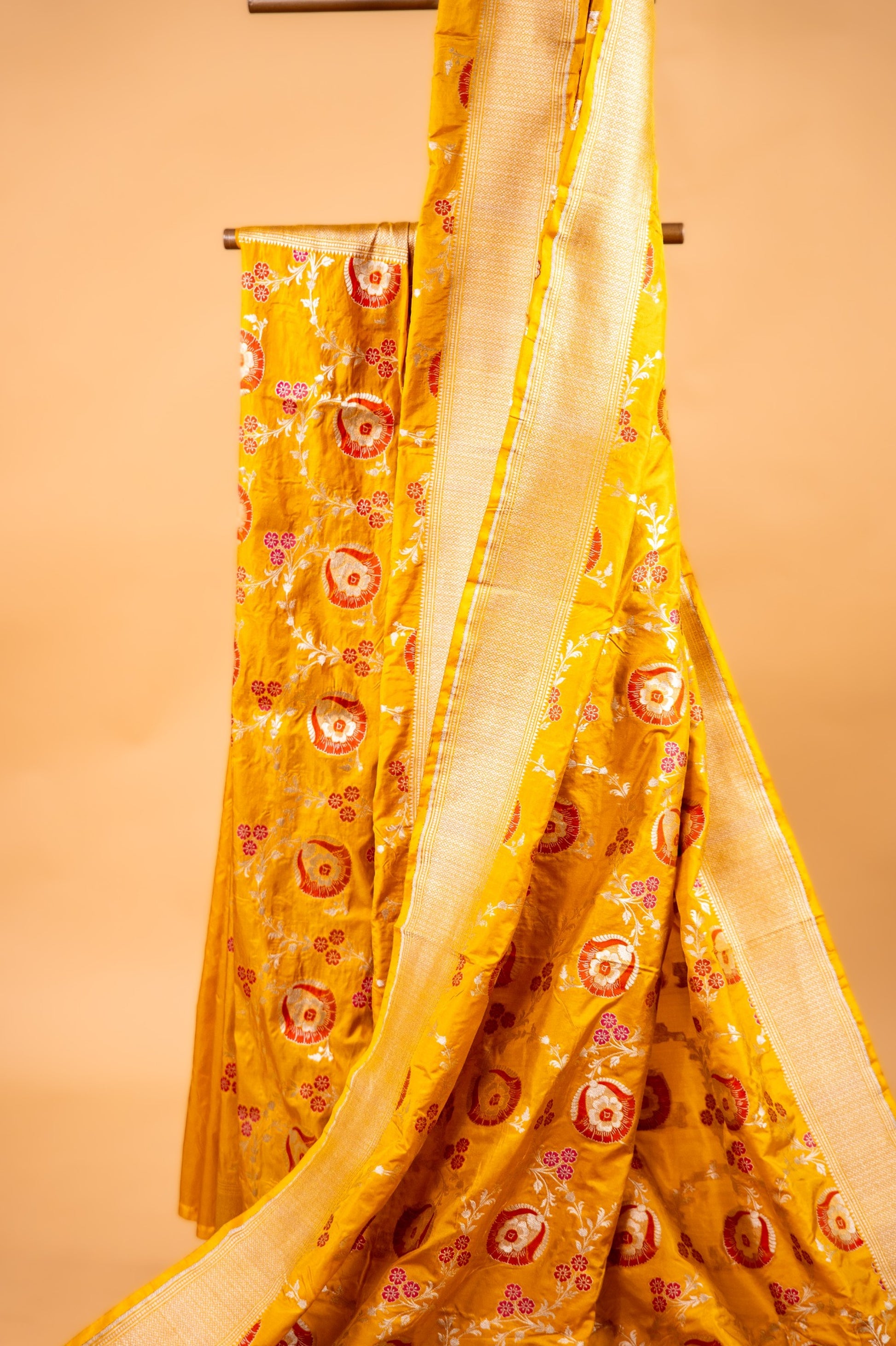 Mustard Yellow Katan Silk Banarasi Saree with Floral Buta & Zari Border - Atulyakarigari