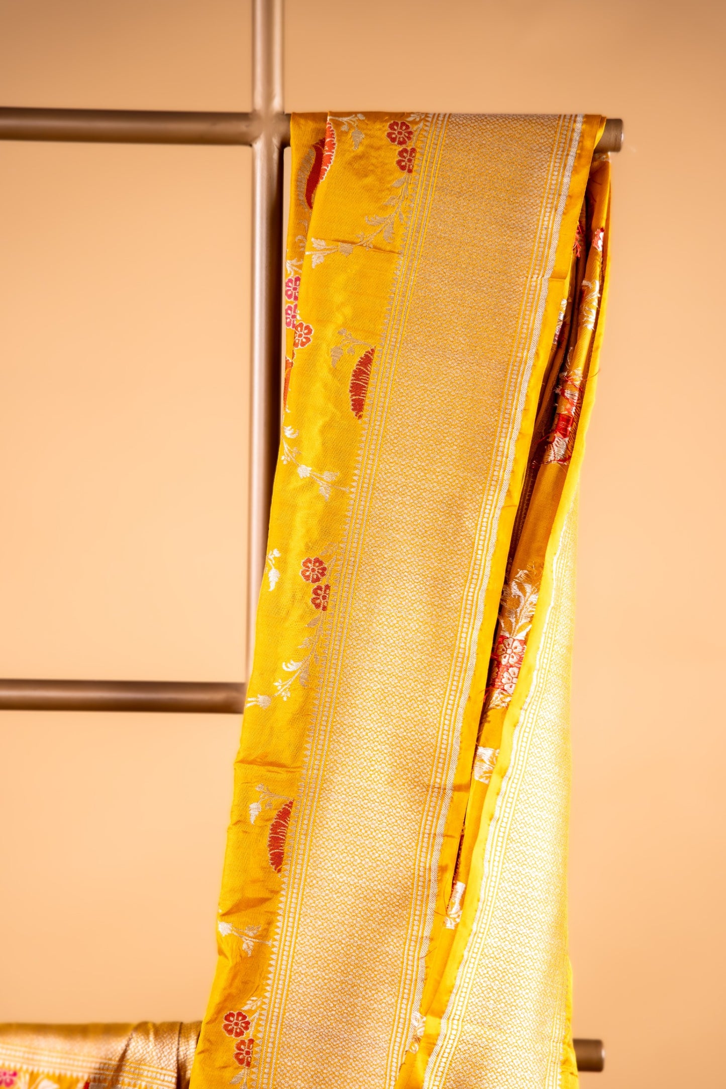 Mustard Yellow Katan Silk Banarasi Saree with Floral Buta & Zari Border - Atulyakarigari