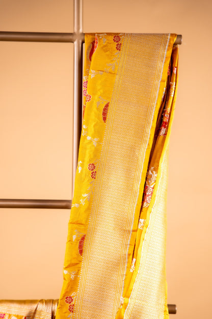 Mustard Yellow Katan Silk Banarasi Saree with Floral Buta & Zari Border - Atulyakarigari