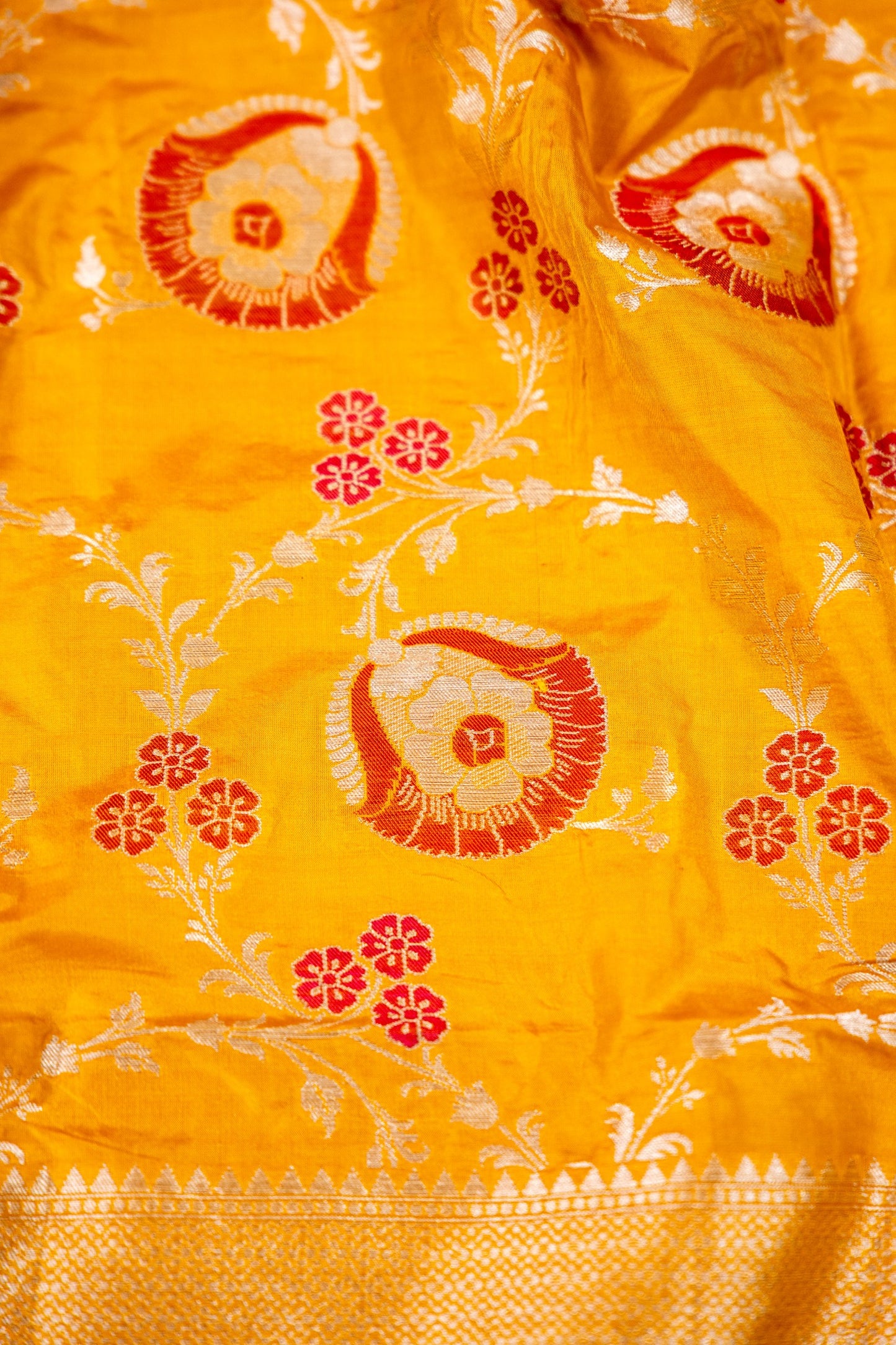 Mustard Yellow Katan Silk Banarasi Saree with Floral Buta & Zari Border - Atulyakarigari