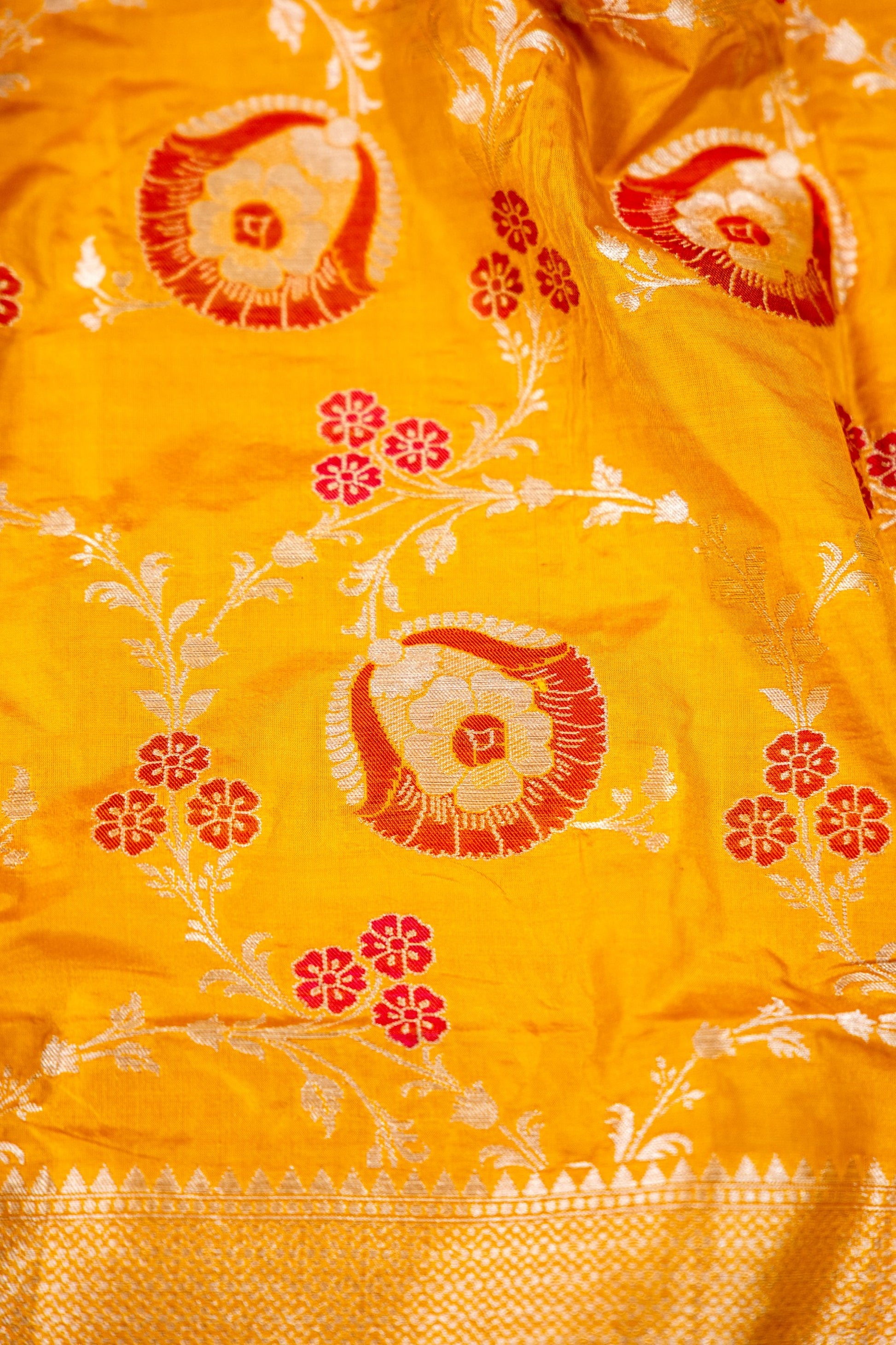 Mustard Yellow Katan Silk Banarasi Saree with Floral Buta & Zari Border - Atulyakarigari