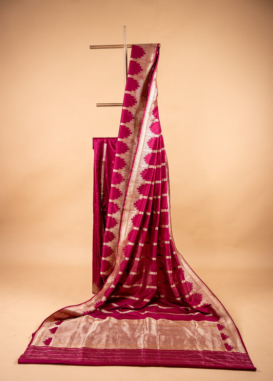Wine Red Pure Katan Silk Banarasi Saree with Mahal Motif & Zari Border - Atulyakarigari