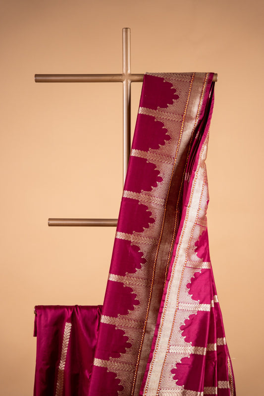Wine Red Pure Katan Silk Banarasi Saree with Mahal Motif & Zari Border - Atulyakarigari