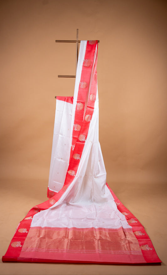 White & Red Pure Katan Silk Banarasi Saree with Nandi Motif Border - Atulyakarigari
