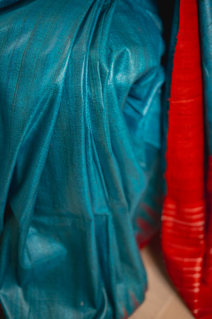Peacock Blue Tussar Silk Saree with Red Border | Atulya Karigari