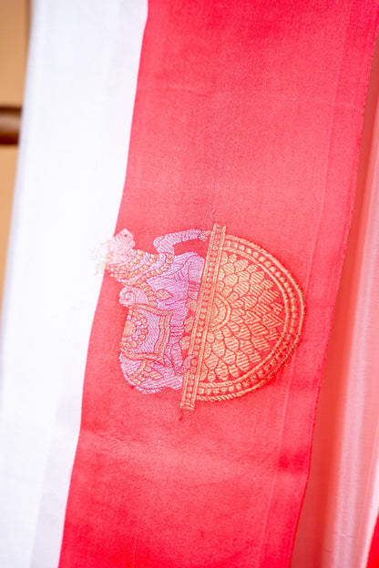 White & Red Pure Katan Silk Banarasi Saree with Nandi Motif Border - Atulyakarigari