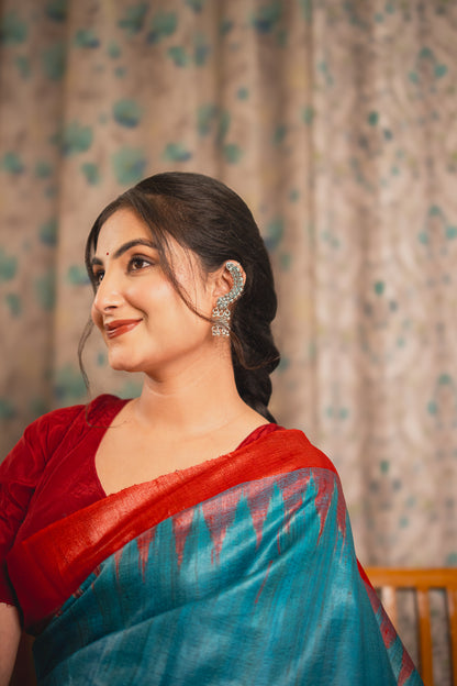 Peacock Blue Tussar Silk Saree with Red Border | Atulya Karigari