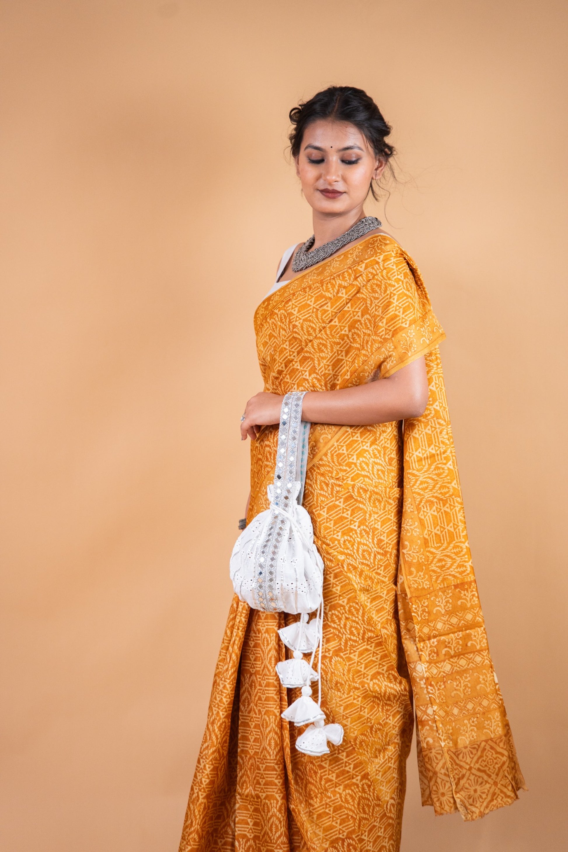 Yellow Handwoven Pure Matka Silk Saree with Hand Block Print - Atulyakarigari