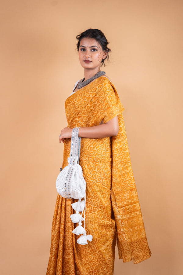 Yellow Handwoven Pure Matka Silk Saree with Hand Block Print